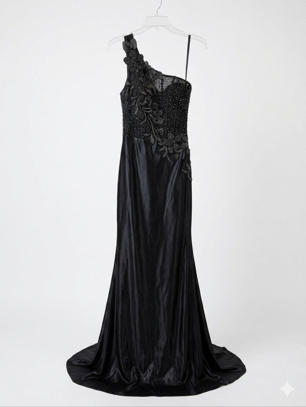 Black One-Shoulder Evening Gown with Embellished Bodice